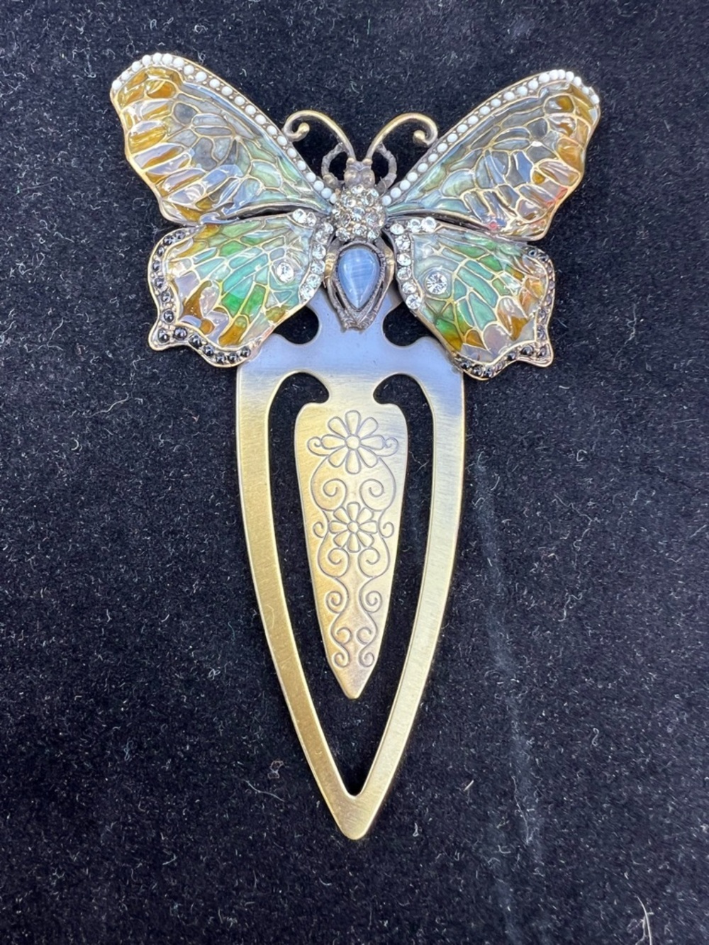 Vintage Butterfly Enamel & Crystal Hair / page paper Clip - Iridescent Green